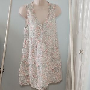 Joie Floral Print Linen Tiered Babydoll Dress in Ivory and Green Size Medium